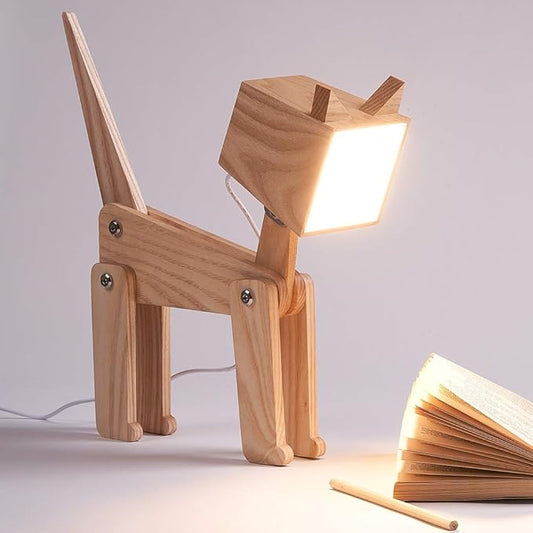 Unique Bedside Table Lamp Cat Adjustable Body Wooden Desk Lamp with Dimmable Touch Switch Warm White Light for Kids Room, Living Room, Boy's Girl's Bedroom, College Dorm, Bookcase
