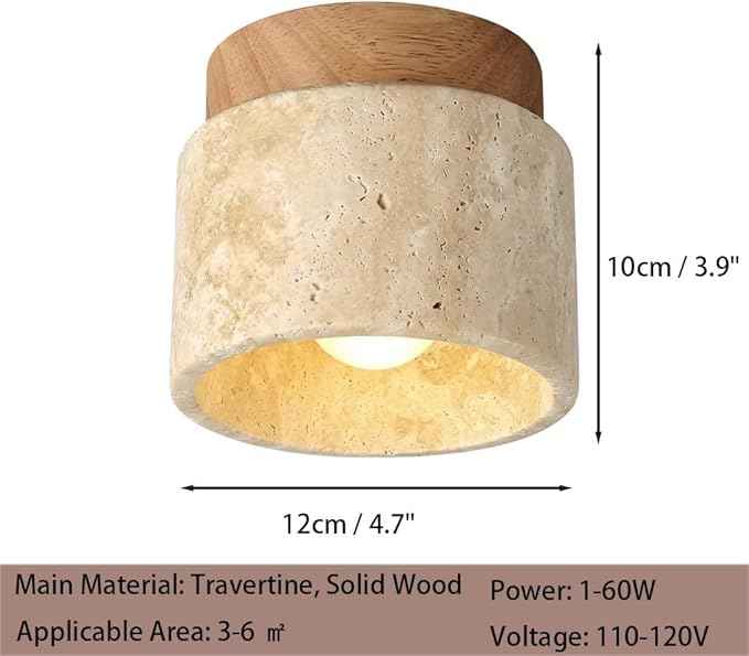 Flush Mount Ceiling Light, Travertine Stone Lamp with Beige Shade, Minimalist Surface Mount Fixture for Hallway, Balcony, Bedroom, Entryway, Corridor, Apartment, Home Decor Residential(Small)