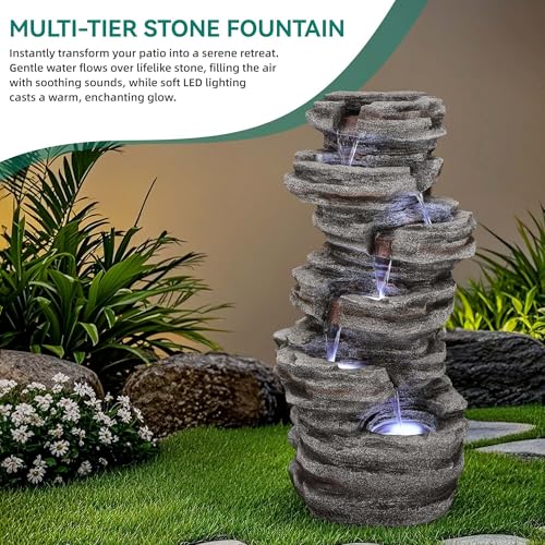 6 Tier Rock Outdoor Water Fountain with LED Lights