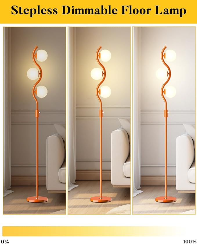 Lightdot 3-Globe Dimmable Floor Lamp Orange Mid Century Modern Standing Lamp with 3PCS 3000K G9 Bulbs Stepless Brightness Adjustable Stable Base for Living Room, Bedroom, Office - Aura Lighting