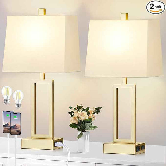 23.5" Touch Control Table Lamps, Metal Bedside Lamp for Bedroom Set of 2 with USB A+C Ports & AC Outlet, 3-Way Dimmable Nightstand Lamp for Living Room (LED Bulb Included)