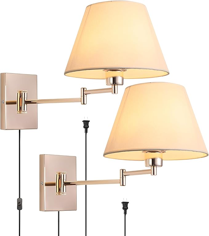 Rose Gold Wall Sconce Plug in, Swing Arm Wall Lamp Set of Two Mid-Century Modern Wall Light Fixtures with Beige Fabric Shade for Living Room Doorway Study Room Bedroom Reading Lamps with Switch