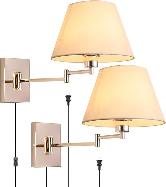 Rose Gold Wall Sconce Plug in, Swing Arm Wall Lamp Set of Two Mid-Century Modern Wall Light Fixtures with Beige Fabric Shade for Living Room Doorway Study Room Bedroom Reading Lamps with Switch
