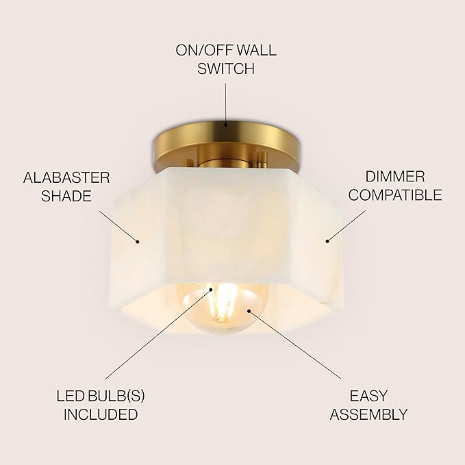 JONATHAN Y 8" Brass Gold Modern 1-Light Hexagonal LED Semi Flush Mount Ceiling Light, White Alabaster Marble Shade, Glam Lamp for Hallway, Bedroom, Bathroom, LED Bulb Included JYL1204A