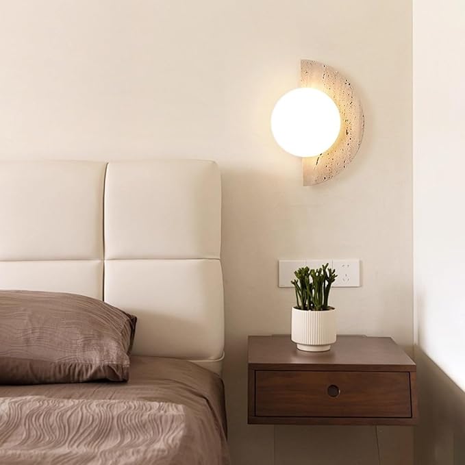 Japanese Style Wabi-sabi Art Decor Lighting Fixture, Semi Circle Yellow Travertine Wall Lamp with Glass Shade, Half Moon Natural Marble Stone Wall Sconce for Bedroom Bedside Hallway