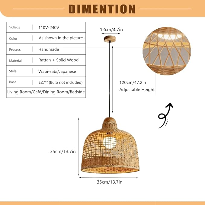 Rattan Wicker Pendant Light,Japanese Wabi-Sabi Vintage Bamboo Chandelier,Zen Natural Handwoven Hanging Lamp with Solid Wood Ceiling Plate,Living Room Fixture for Dining Room Bedside