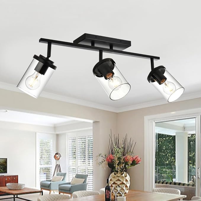BONLICHT Industrial Vintage Indoor Wall Mount Spotlight 3 Light Modern Semi Flush Mount Ceiling Light Black Adjustable Track Lighting Kit Rustic Bathroom Vanity Light Fixture with Clear Glass Shade - Aura Lighting