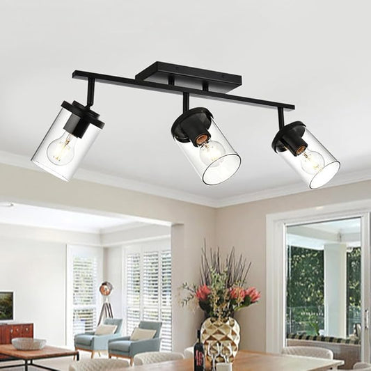 BONLICHT Industrial Vintage Indoor Wall Mount Spotlight 3 Light Modern Semi Flush Mount Ceiling Light Black Adjustable Track Lighting Kit Rustic Bathroom Vanity Light Fixture with Clear Glass Shade - Aura Lighting