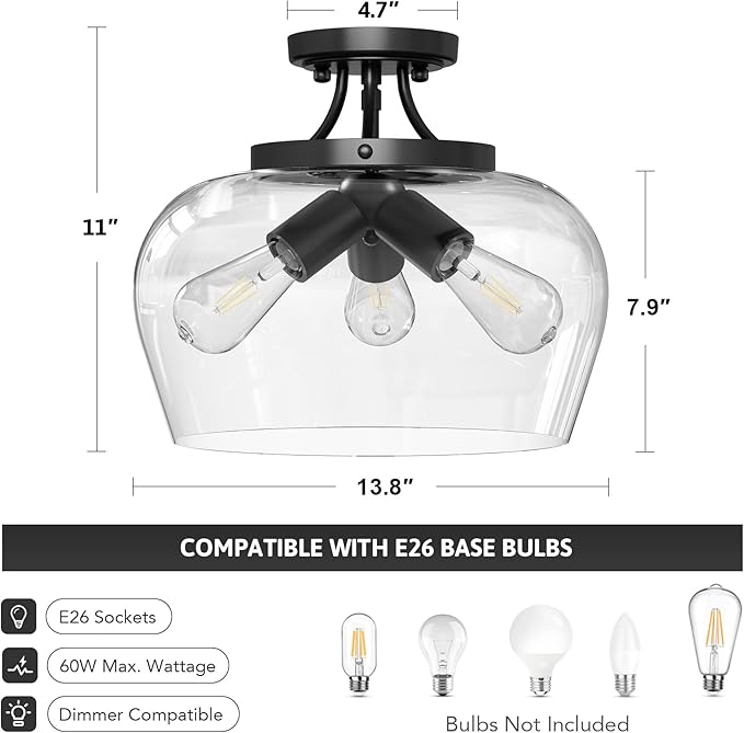 VONLUCE Semi Flush Mount Ceiling Light, 13.8" Ceiling Light Fixture with Clear Glass Shade, E26 Base, 3-Bulb Industrial Lighting Fixture for Hallway Entryway Bedroom, Matte Black, ETL Certificated - Aura Lighting