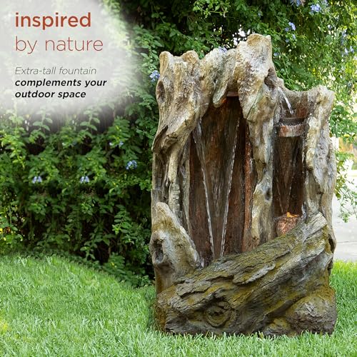 62" Rustic Outdoor Tree Trunk Waterfall Fountain with LED Lights
