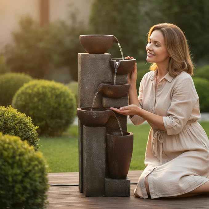 SunJet 5-Tier Outdoor Water Fountain Resin Fountain Decor with LED Lighting Natural Polyresin Looking Stone Decor for Garden Patio Fold Court Yard Deck 12.99" L x 13.78" W x 39.76" H