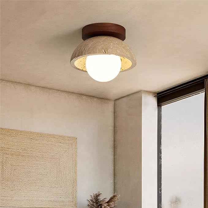 Wabi-Sabi Flush Mount Ceiling Light, Nordic Minimalist Travertine-Look Shade & Wood Base, Natural Globe LED Ceiling Lamp, Earthy Indoor Lighting for Bedroom, Hallway, Entryway Decor.