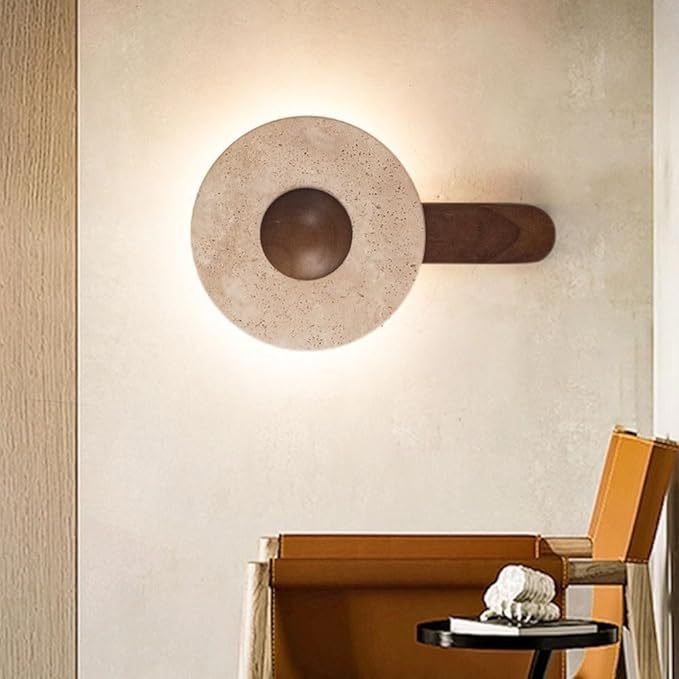 Modern Backlit Wall Sconce Travertine Stone Disc Dark Wood Arm Minimalist Hardwired LED Wall Light Fixture for Bedroom Living Room Hallway Accent Decor(Small)