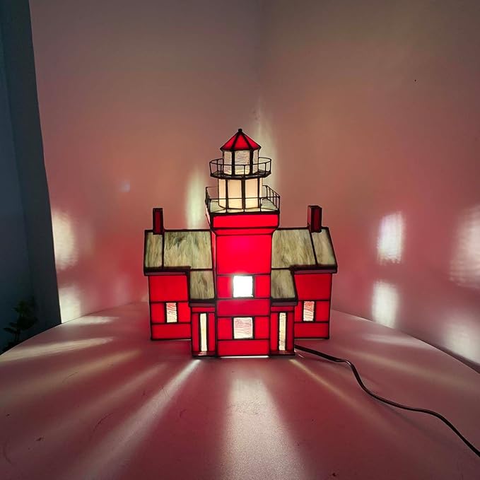 Bieye L10926 Big Bay Point Lighthouse Tiffany Style Stained Glass Accent Table Lamp for Home Decor