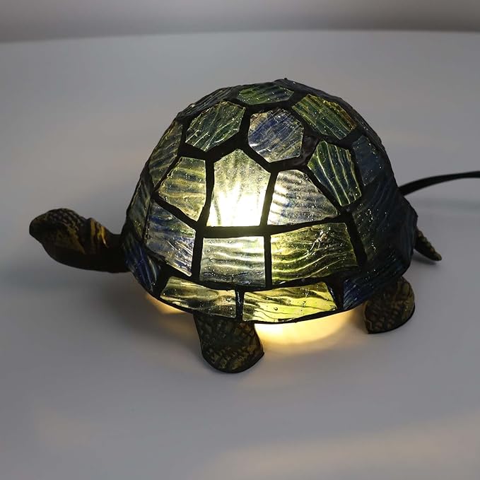 Bieye L10592 Tortoise Tiffany Style Stained Glass Accent Table Lamp Night Light for Bedside Living Room Animal Pet Lover (Blue-Green)