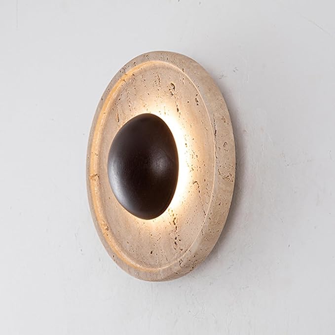 Japanese Style Wabi-Sabi Art Lighting Fixture, Yellow Travertine Wall Light with Wood Shade, Round Natural Stone LED Wall Lamp, Vintage Marble Wall Sconce for Bedroom Living Room(Walnut)