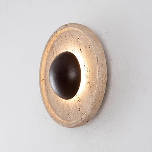 Japanese Style Wabi-Sabi Art Lighting Fixture, Yellow Travertine Wall Light with Wood Shade, Round Natural Stone LED Wall Lamp, Vintage Marble Wall Sconce for Bedroom Living Room(Walnut)
