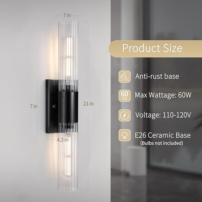 21" Bathroom Vanity Sconces Set of 2, Black Hardwired Wall Sconces Set of Two with Threaded Glass Shade, Modern Up Down Wall Decor Set of 2 for Bathroom Living Room Bedroom Hallway-Bulb Not Included ﻿ - Aura Lighting