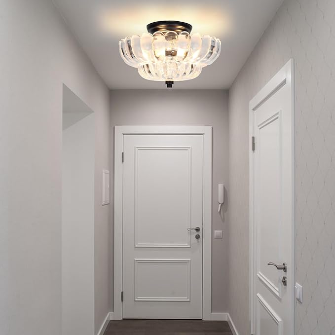 Vintage Ceiling Light, Black Semi Flush Mount Lighting with Scalloped Clear Glass Shade, Hallway Light Fixtures Ceiling Mount, Modern Farmhouse Chandelier for Kitchen Bathroom, 3 Lights