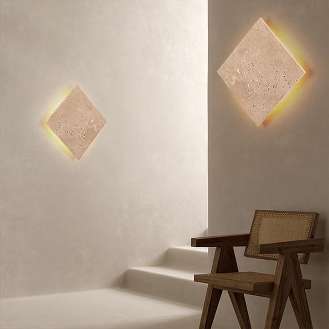 Japanese Style Wabi-Sabi Art Decor Lighting Fixture, Square Natural Stone LED Wall Sconce, Nordic Modern Marble Wall Light, Yellow Travertine Wall Lamp for Bedroom Entryway Living Room