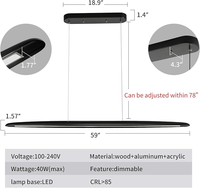 59inch Integrated Led Pendant Light 40w Dimmable Wood Black Linear Pendant Lighting Led Modern Island Light with Black Finish for Living Room Dining Room Billiard & Pool Lights - Aura Lighting