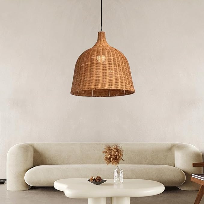 Rattan Pendant Light, Japanese Wabi-Sabi Bell Wicker Chandelier, Zen Handwoven Hanging Lamp, Farmhouse Kitchen Island Lighting Fixture,for Chinese Restaurant Tea Room Hotel Coffee Shop, E27