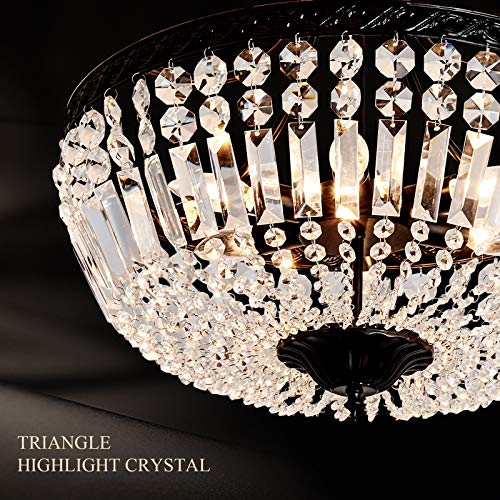 5 Light E12 Round Crystal Ceiling Light Fixture Modern Semi Flush Mount Chandelier Ceiling Lamp for Living Room Dining Room Entryway Hallway Foyer Bedroom Laundry Bathroom（Black）