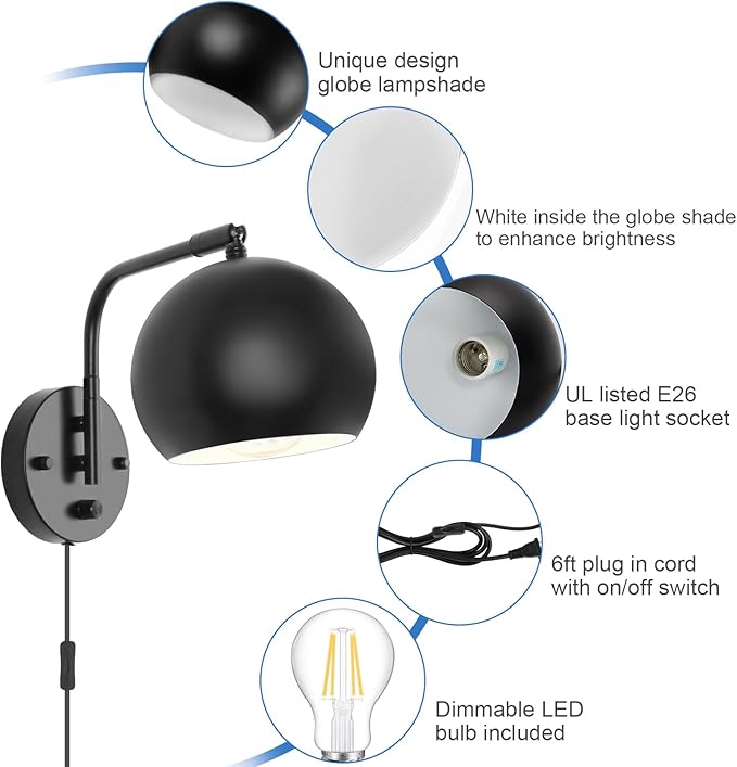 Plug in Wall Sconces, Dimmable Wall Sconce Swing Arm Wall Lights with Plug in Cord and Dimmer On/Off Knob Switch, Black Globe Wall Light for Bedside Bedroom Bathroom(1 Bulb Included)