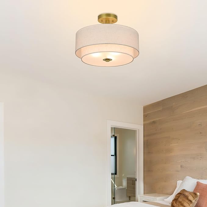 XiNBEi Lighting 3 Light Semi Flush Mount Light, Close to Ceiling Light Fixture with Fabric Shade Retro Gold Brass 16 inch Semi Flush Drum Light for Bedroom & Living Room XB-SF1289-GB - Aura Lighting