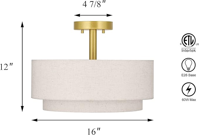 XiNBEi Lighting 3 Light Semi Flush Mount Light, Close to Ceiling Light Fixture with Fabric Shade Retro Gold Brass 16 inch Semi Flush Drum Light for Bedroom & Living Room XB-SF1289-GB - Aura Lighting
