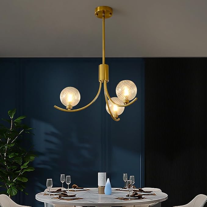 3-Head Gold Modern Chandelier with 3 Clear Glass Globe Bulbs, Globe Chandelier, Elegant Lamps with Gold Accents, Ceiling Light for Living Room Kitchen Island Bedroom Entryway