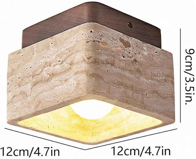 Modern Natural Travertine Ceiling Light, Square Flush Mount Lamp Wabi-Sabi Hallway Lamp, Stone Entryway Fixture Hand Polished Rustic Decor for Aisle and Corridor, 4.7 Inch(Walnut)