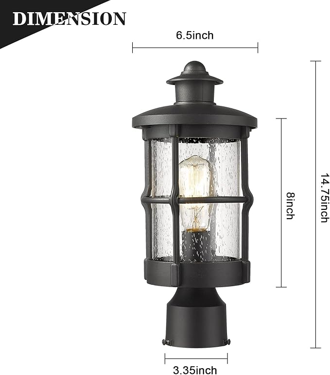 Outdoor Post Lights, Exterior Post Sconce, Outdoor Lamp, Pathway Post Lighting Fixture, Patio Pillar Light in Black Finish with Seeded Glass