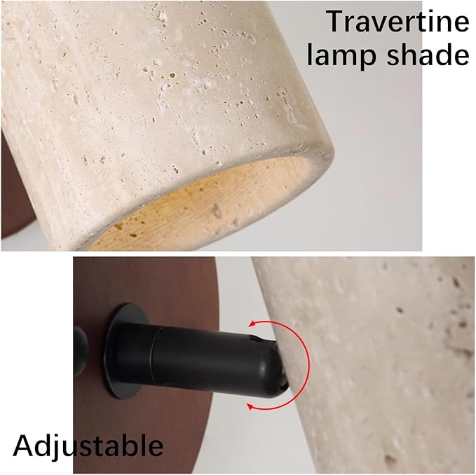 Natural Yellow Travertine Wall Lamp, Adjustable Marble Wall Mounted Light with Wood Base, Japanese Wabi Sabi Style Stone Wall Sconce for Bedroom Bedside Living Room Study(Walnut)