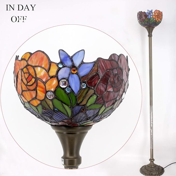 WERFACTORY Tiffany Floor Lamp Red Rose Flower Stained Glass Light 10X10X71 Inches Pole Torchiere Standing Corner Torch Uplight Decor Bedroom Living Room Home Office S001 Series