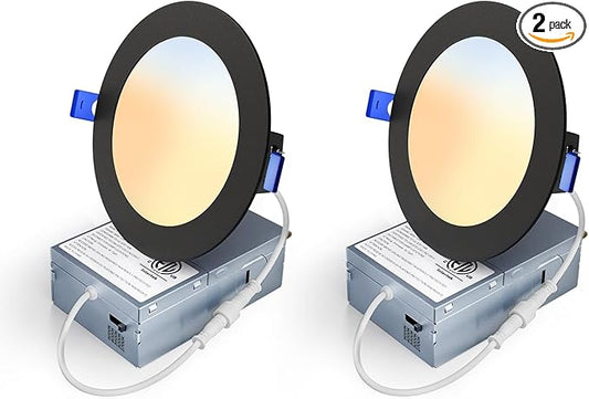 2 Pack 4 Inch 5CCT LED Recessed Light, Silm Canless Recessed Lighting, Dimmable, Damp Rated, 2700K-5000K Selectable, Wafer Ceiling Downlight with Junction Box, 750LM, 9W 120V, Black, ETL&FCC