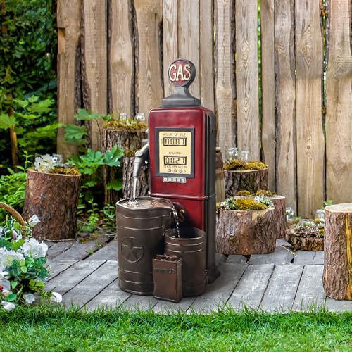 Peaktop Teamson Home Vintage Gas Station Statue 3 Tiered Floor Waterfall Fountain with Pump for Outdoor Patio Garden Backyard Decking
