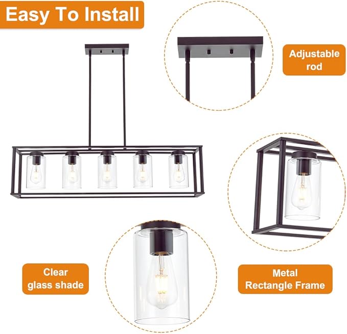 VINLUZ 5-Light Kitchen Island Chandeliers Oil Rubbed Bronze Modern Linear Cage Pendant Lighting with Clear Glass Shades Farmhouse Ceiling Light Fixtures Hanging for Dining Room Living Room - Aura Lighting
