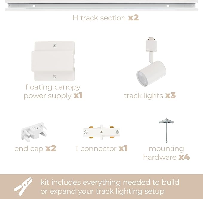 Amped Collection 3-Light 48in Field Cuttable LED Track Lighting Kit with 3 LED 3000K Warm White Track Heads, 4ft Track, End Caps, Floating Feed in White Finish - Aura Lighting