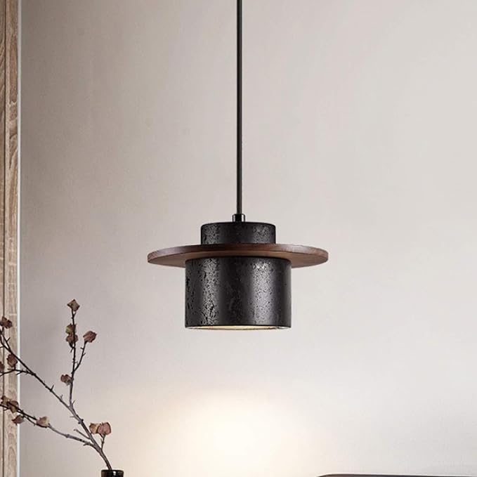 Wabi Sabi Black Natural Stone Pendant Light Travertine Lampshade Nordic Style Solid WoodNatural Yellow Travertine Hanging Lamp Dining Room Kitchens Island Hanging Lights