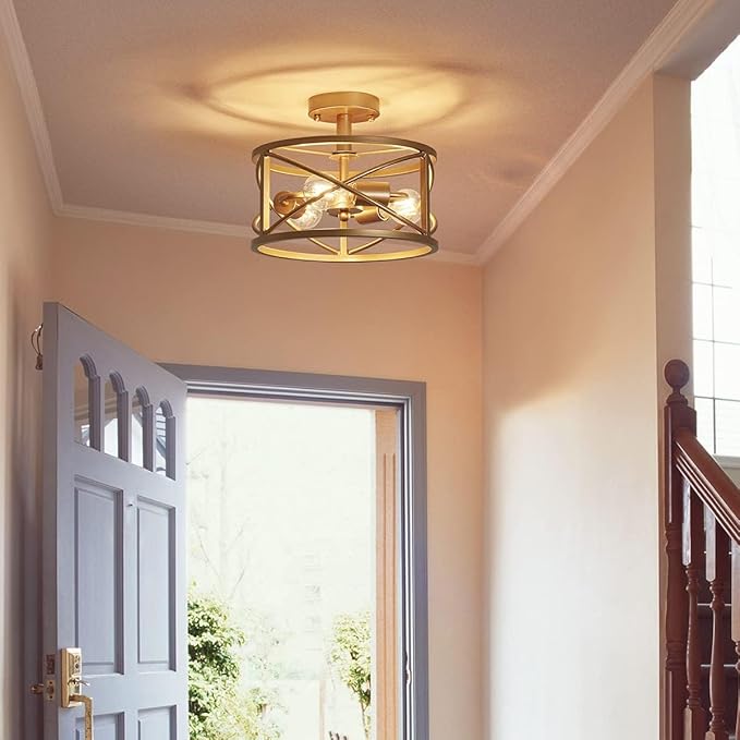 WUZUPS Chandelier 3-Light Vintage Farmhouse Industrial Semi-Flush Mount Ceiling Light Modern Lighting Fixture for Foyer Bedroom Hallway Storage Room Kitchen Bathroom, H 9.4" x W 12", E26 Base, Gold