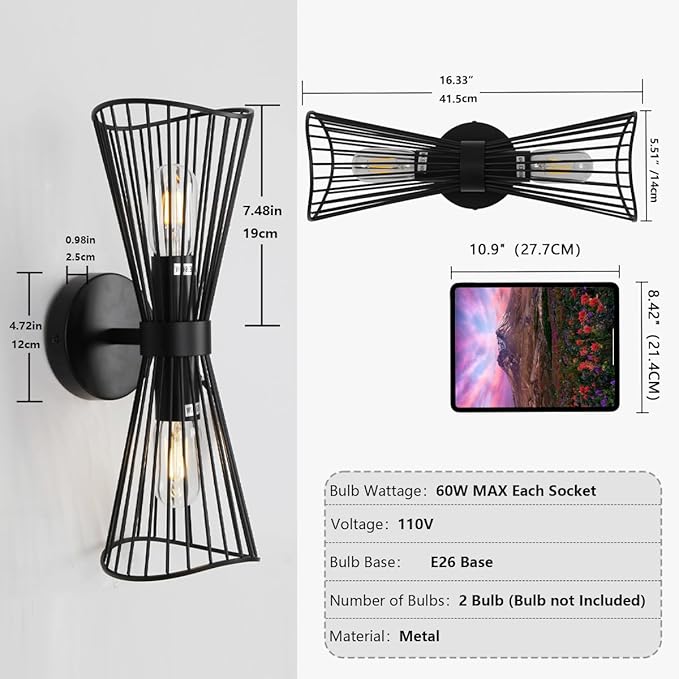 Black 2-Light Vanity Wall Sconce Farmhouse Light Fixtures Over Mirror Modern Up and Down Sconces Large Wall Light Hardwired Wall Lamp for Hallway Bedroom Kitchen Bathroom - Aura Lighting