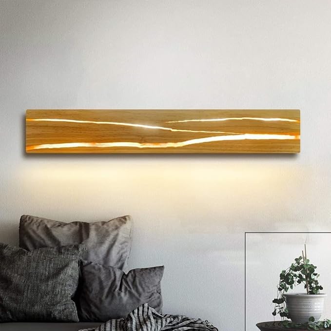 Modern Wood LED Wall Sconce Linear Bar Resin Cracked Design Natural Japandi Minimalist Fixture for Bathroom Vanity Mirror Hallway Bedroom Living Room Accent Light