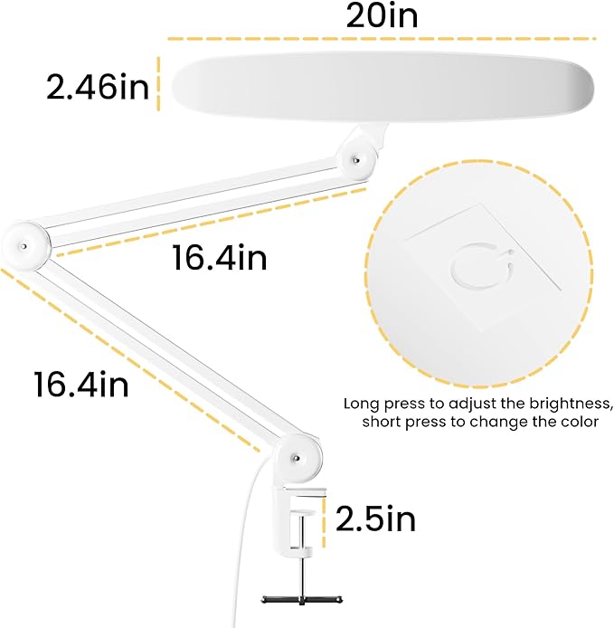 3000 Lumens Adjustable LED Desk Lamp & Task Lamp - Bright, Dimmable Lighting for Office, Crafts, Nails &Salon Hobbies with Clamp (CCT, White) - Aura Lighting