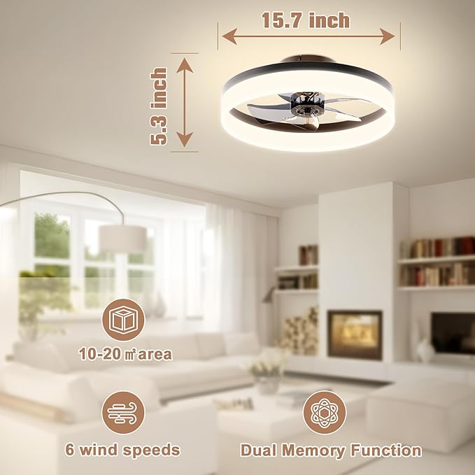 VOLISUN Low Profile Ceiling Fans with Lights and Remote,15.7in Modern Ceiling Fan Flush Mount,3000K-6500K Dimmable Bladeless LED Fan Light,Black Fandelier Ceiling Fans with Lights for Bedroom - Aura Lighting