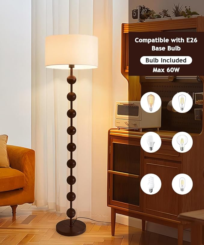 Wabi-sabi 63" Round Fabric Floor Lamp Walnut Iron Floor Light Cloth Standing Lamp with E26 Dimmable Spherical Body Tall Light for Living Room Bedroom Study Office
