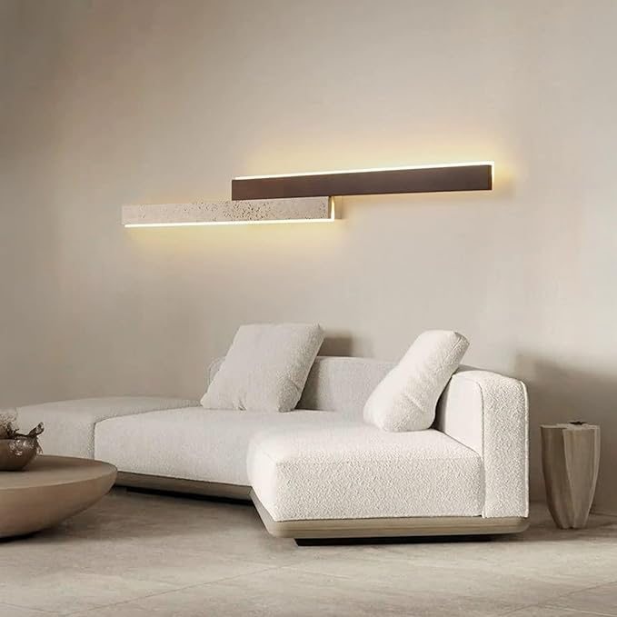 23.6 Inch Yellow Travertine Wall Lamp, Wabi-Sabi Art Lighting Fixture Nordic Modern Marble Wall Sconce, Japanese Style Natural Stone Wall Light for Bedside Bedroom Entryway Stairs Foyer