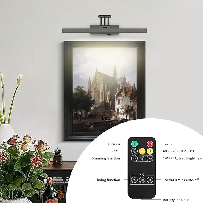 Rechargeable Lights for Pictures on Wall Battery Operated Brushed Grey 15.7 Inch Wall Lights with Swing Arm and Timer Function Cordless Art Light with Remote Timer for Paintings,Gallery
