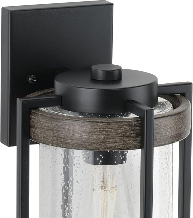 Whitmire Collection 1-Light Clear Seeded Glass Light Aged Oak Accents Farmhouse Outdoor Wall Lantern Light Matte Black