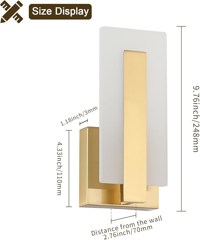Joosenhouse Modern LED Wall Sconce Set of 2, Brass Warm White Light Wall Sconce 3000K, Hardwired Up and Down Wall Mount Light for Hallway, Bedroom, Study, Living Room Indoor Wall Light - Aura Lighting
